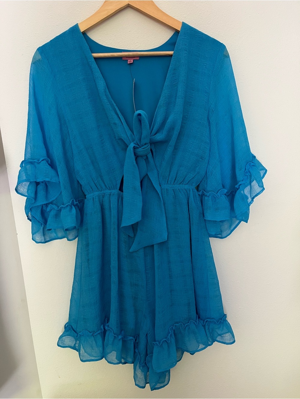Women's Teal Tie-Front Ruffle Romper